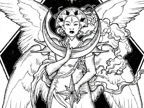 Illustration of a four winged anthropomorphic creature, perhaps an angel, in black and white. They have a powerful, solemn, regal air to them. They are portrayed facing front, wearing a long antique dress, long gloves, an headpiece, and pieces of armor on their shoulders and neck. Their long wavy hair is tied in a braid. They have black eyes and a third limpid eye on their forehead. There's a big waxing moon in front of their chest. Their left hand is holding an eight-pointed star in front of their belly, and there's another small star above their head. Their feet are bare. Behind the figure, there is a black rhombus. --- Ilustración en blanco y negro de una criatura antropomórfica de cuatro alas, quizás un ángel. Tiene un aspecto poderoso, regio y solemne. Está retratada mirando al frente, lleva un vestido antiguo largo, guantes largos y piezas de armadura en los hombros y cuello. Lleva un tocado en la cabeza, y tiene el cabello largo y ondulado recogido en una trenza. Tiene los ojos negros y un tercer ojo, límpido, en la frente. Hay una gran luna creciente, con los cuernos hacia arriba, frente a su pecho. Su mano izquierda sostiene una estrella de ocho puntas delante de su vientre, y hay otra pequeña estrella sobre su cabeza. Sus pies están desnudos. Tras la figura, un gran rombo negro.