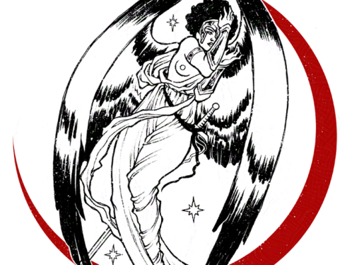Ilustración de un ángel en blanco y negro, con una gran luna roja creciente detrás. El ángel tiene la apariencia de una mujer negra de pelo afro, vestida con una larga túnica griega, brazaletes y un casco pequeño. Tiene una espada ceñida a la cintura. Está dibujada de cuerpo entero y de frente, su cuerpo se curva en una pose fluida, tiene los brazos alzados cubriendo parcialmente su rostro, y su ojo visible nos mira. La túnica deja un pecho desnudo. Sus alas son blancas y negras, recuerdan a un halcón. En el fondo, tres estrellas. --- Black and white lllustration of an angel, with a large red crescent moon behind her. The angel has the appearance of a black woman with afro hair, dressed in a long Greek tunic, bracelets, and a small helmet. She has a sword around her waist. She is drawn full-length and from the front, her body curving in a fluid pose, her arms raised and partially covering her face, her visible eye is looking at us. The robe leaves one breast bare. Her wings are black and white, reminiscent of a falcon. In the background, three stars.