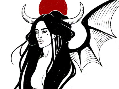 Ilustración a tinta de un busto de demonio. Su apariencia es la de una mujer de cabello negro muy largo que se le derrama sobre el pecho, posee cuernos y alas membranosas. Nos observa con desinterés y leve desidia, plena de poder. Tras su cabeza hay un halo, sol o luna roja. --- Ink illustration of a demon bust. Her appearance is that of a woman with very long black hair that pours over her chest, she has horns and membranous wings. She observes us with disinterest and slight apathy, full of power. Behind his head there is a halo, sun or red moon.