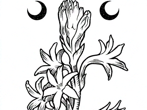 Ilustración botánica en tinta negra representando unas flores de nardo que parten del mismo tallo. Sobre las flores, tres lunas crecientes negras. --- Botanical illustration in black ink depicting tuberose flowers starting from the same stem. Above the flowers, three black crescent moons.