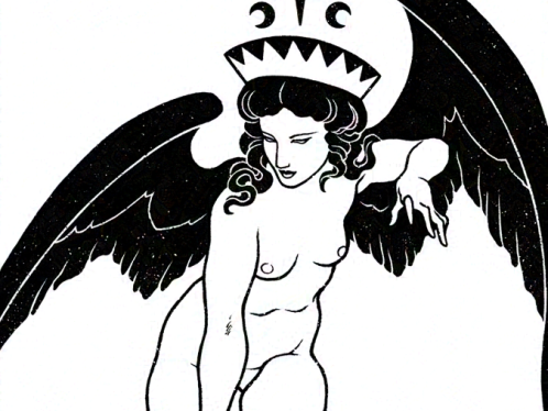 Ilustración en blanco y negro estilo grecolatino representando a una diosa, podría ser Ishtar, Astarte o Inanna. Está representada de cuerpo entero y frontal en una pose grácil, como levantando el vuelo o posándose. Es también una pose vagamente amenazante, recuerda a un vampiro. Tiene alas negras y pelo negro ondulado, y lleva un tocado sobre el cual hay una estrella negra de ocho puntas y dos lunas negras crecientes flanqueándola. --- Black and white Illustration depicting a goddess, she could be Ishtar, Astarte or Inanna. She is drawn in full body facing front in a graceful and pose, like if she were taking flight or landing. It's also a vaguely threatening pose, she looks a bit like a vampire. She has black wings and wavy black hair, and she is wearing a headdress above which there is a black eight-pointed star and two black crescent moons.